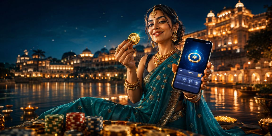 Indian woman using mobile payment app in traditional saree in a vibrant market
